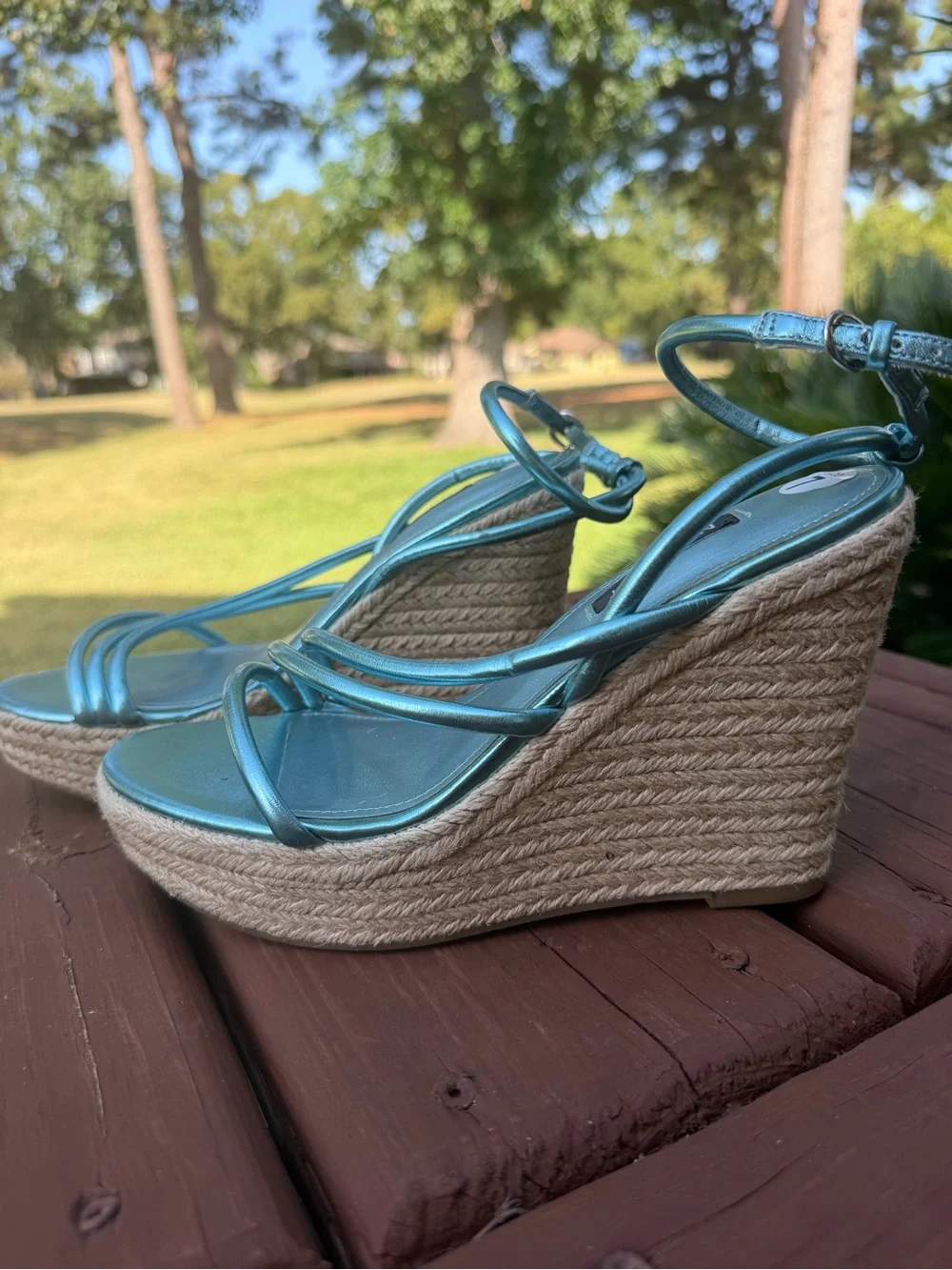 Nine West Hipsta3 Metallic Blue Espadrille Wedge Sandals Size 7 $109